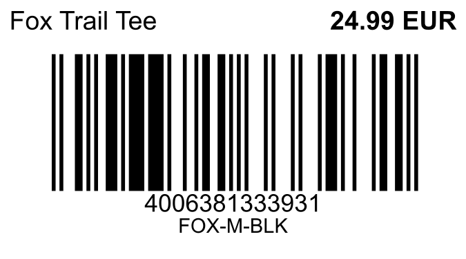 Real barcode label rendered by ScanFox: Fox Trail Tee, EAN-13 barcode, price and SKU